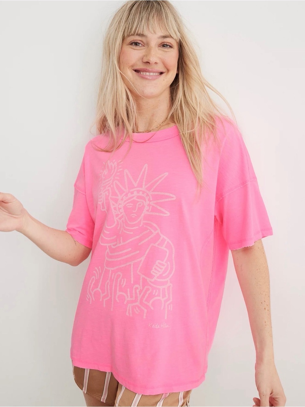 NWT! aerie x Keith Haring Hot Pink Oversized Boyfriend Graphic Tee